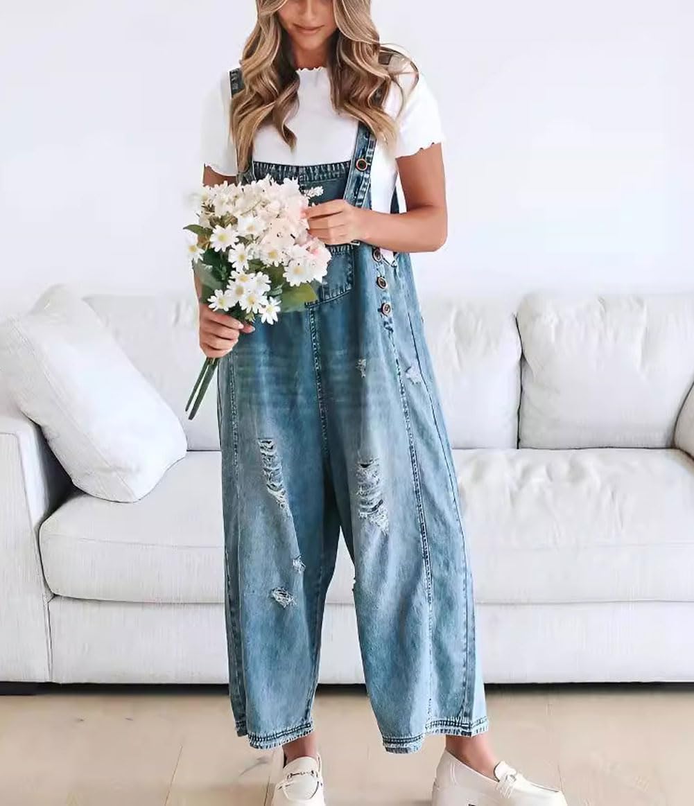 Schattige Casual Jumpsuit met Knopen – Gescheurde Denim Tuinbroek voor Dames