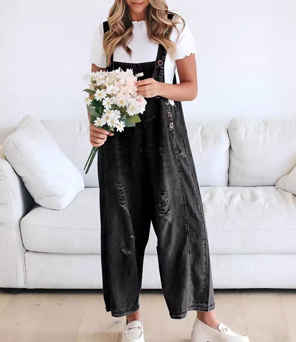 Schattige Casual Jumpsuit met Knopen – Gescheurde Denim Tuinbroek voor Dames