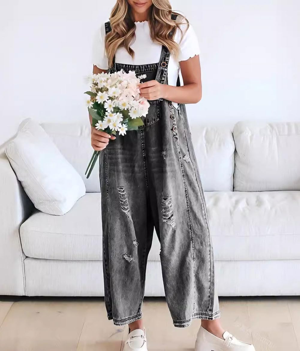 Schattige Casual Jumpsuit met Knopen – Gescheurde Denim Tuinbroek voor Dames