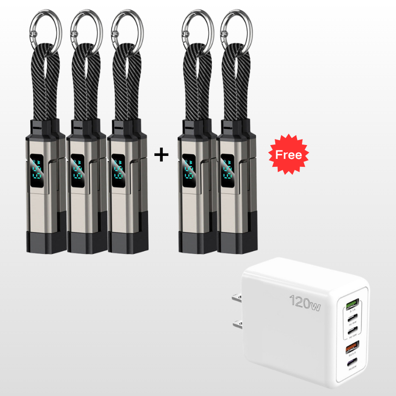 🔌 4-in-1 Oplaadkabel met Digitaal Display & Sleutelhanger – Snelladen, Knikbestendig & Compact