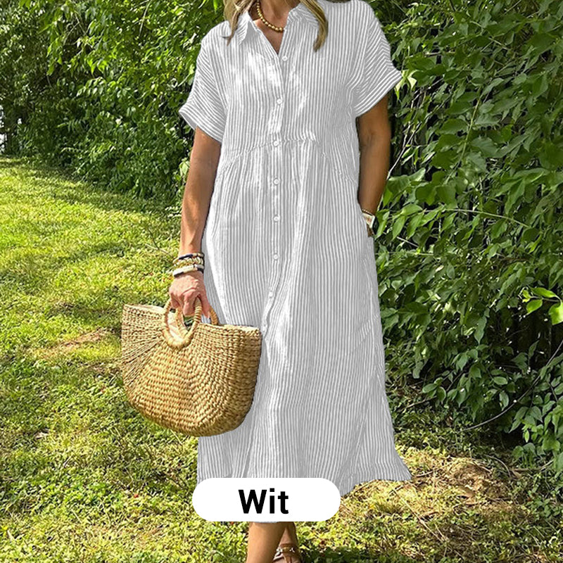 🛍️Nieuwe exclusieve zomerkleding👗Gestreepte revers-overhemdjurk met knopen | Met functionele zakken