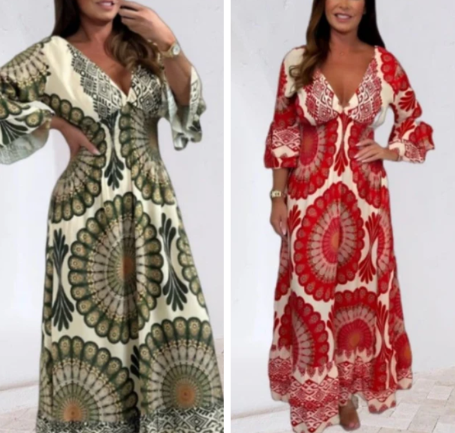 Retro Boho Maxi-jurk met diepe V-hals voor dames