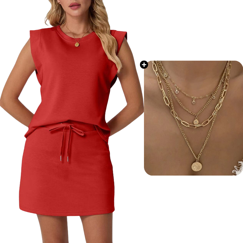 Set bestaande uit een moderne mouwloze top en een rok met trekkoord