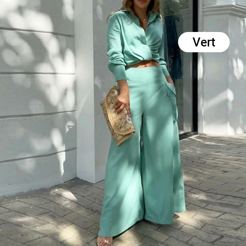 Elegante tweedelige set: top met lange mouwen en boord en broek met hoge taille