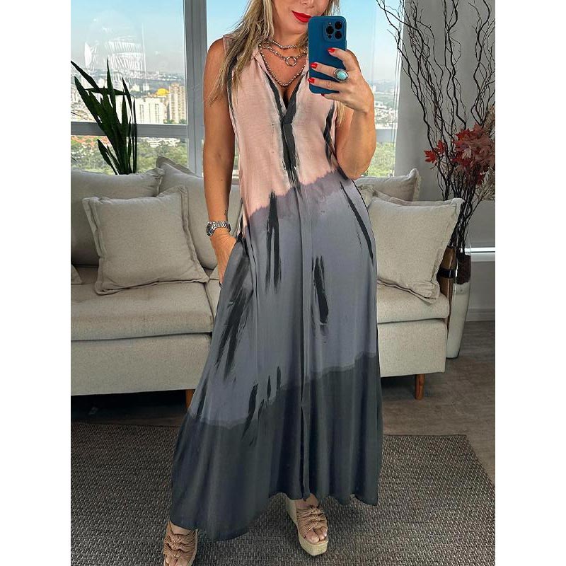 Vrouwen Tie-dye V-hals Kap Mouwloze Jurk