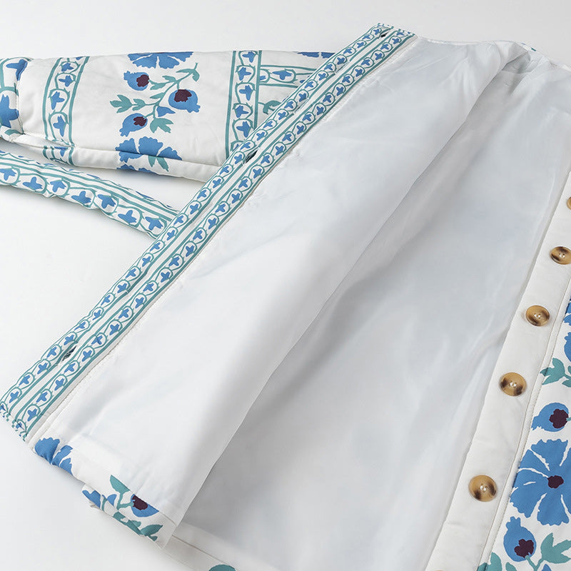 Nieuw product hete verkoop 49% korting❤️🔥Blauwe ronde hals bedrukte katoenen bovenkleding met riem
