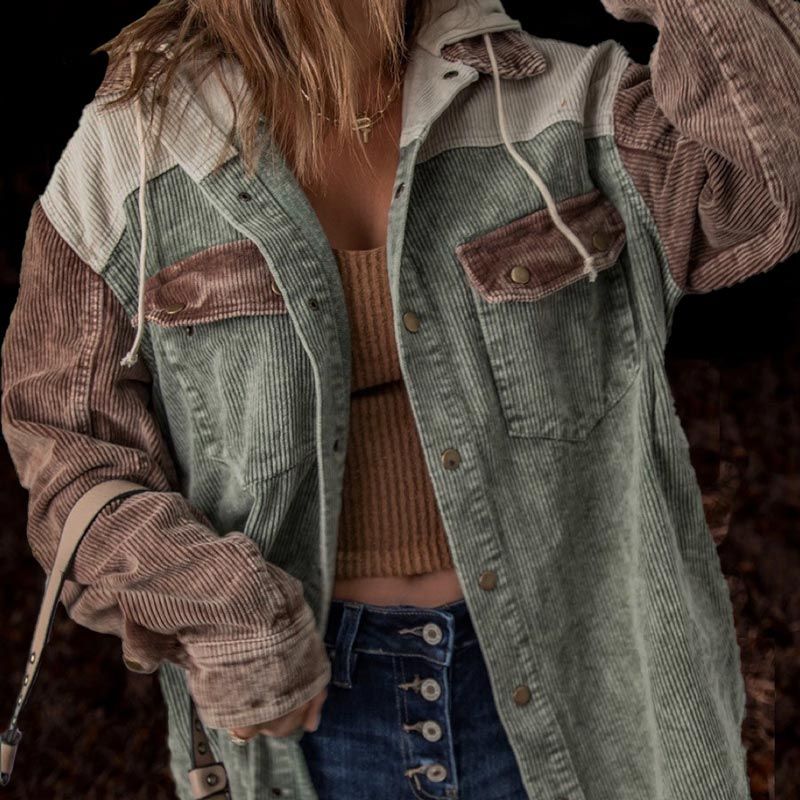 Dames Casual Corduroy Jas met Capuchon en Kleurvlakken