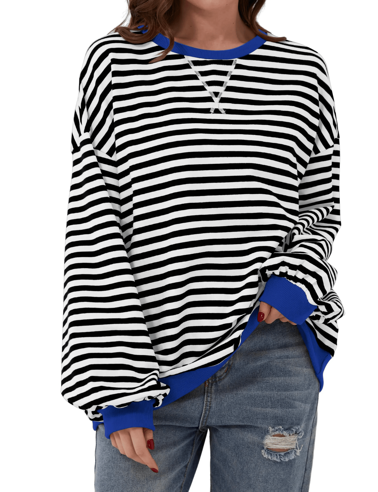 OVERSIZED GESTREEPTE DAMESTRUI MET LANGE MOUWEN