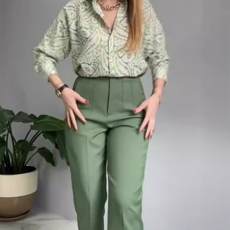 2-delige set van bedrukt shirt en broek met knopen voor dames