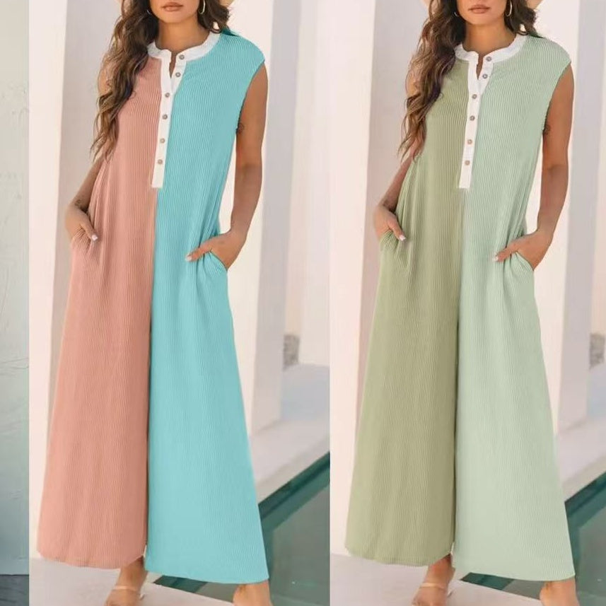 Casual jumpsuit voor dames met wijde pijpen en colour block-patroon