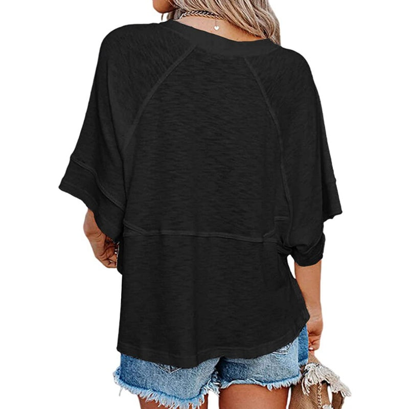 Effen gekleurd losse patchwork T-shirt met vijf punten uitlopende mouwen