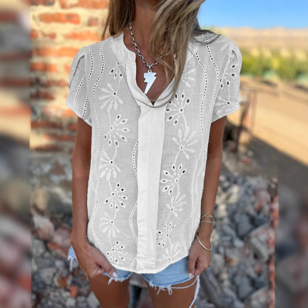 Damen V-Ausschnitt Stickerei Hollow Kurzarm-Shirt