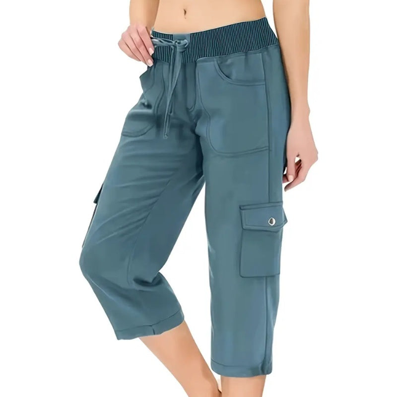 Effen damesbroek met hoge taille en koord, 3/4 lang
