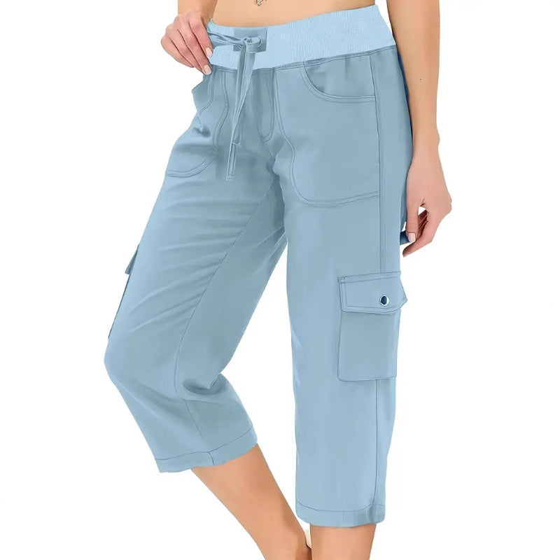 Effen damesbroek met hoge taille en koord, 3/4 lang