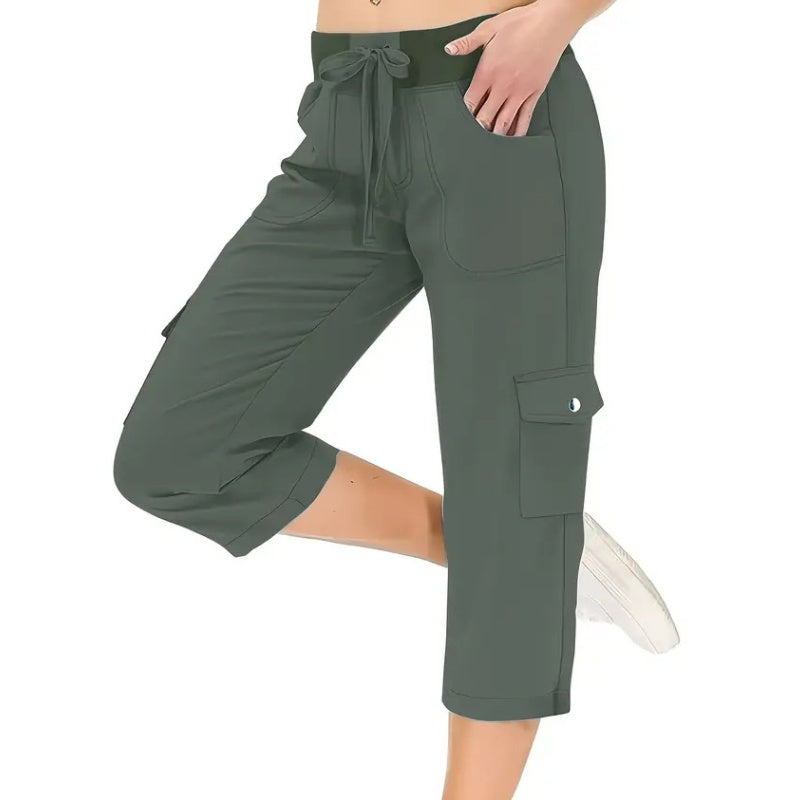 Effen damesbroek met hoge taille en koord, 3/4 lang
