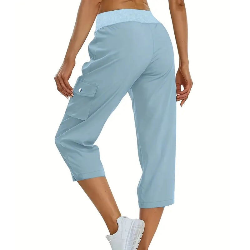Effen damesbroek met hoge taille en koord, 3/4 lang