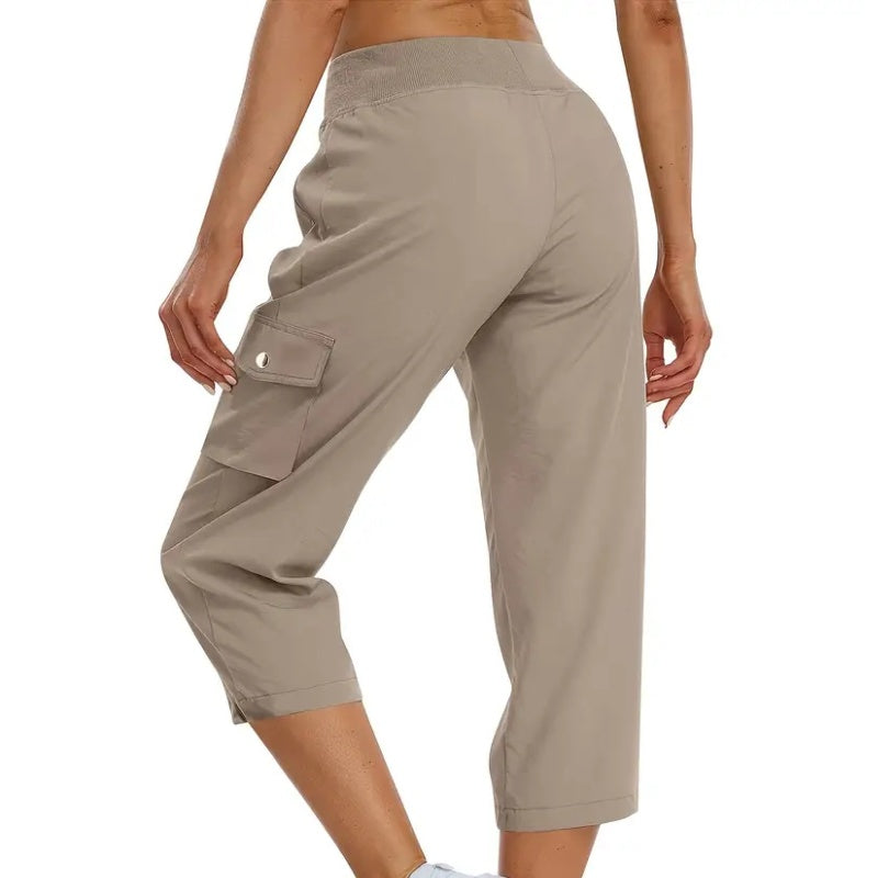 Effen damesbroek met hoge taille en koord, 3/4 lang