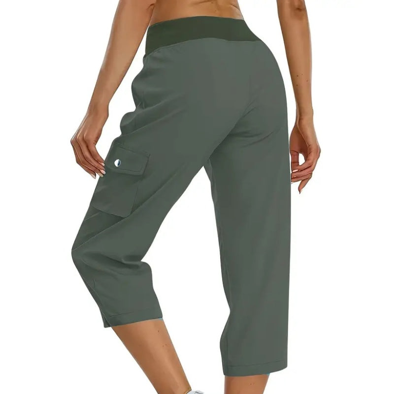 Effen damesbroek met hoge taille en koord, 3/4 lang