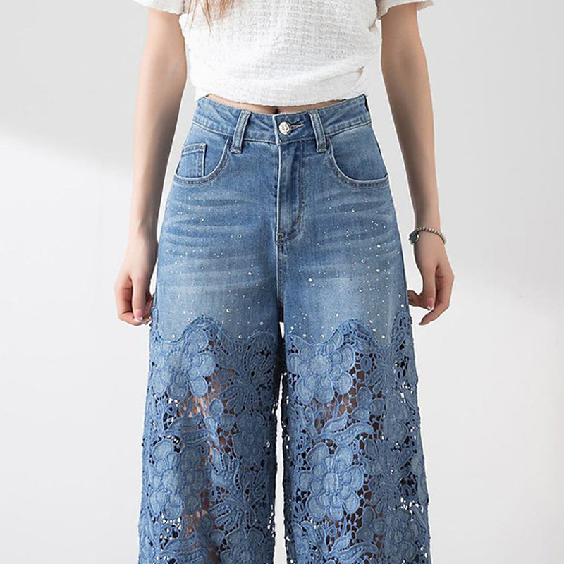 Blauwe jeans met hoge taille voor dames, wijde pijpen, gatenpatroon en kanten inzetstukken
