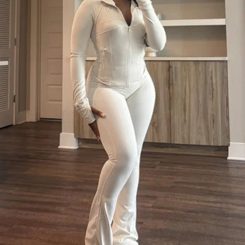 Sexy effen kleurige set met lange mouwen top en broek
