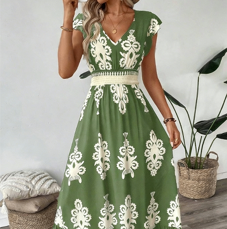 🌸 50% Korting – Elegante Jurk met V-hals & Barokprint | Luchtig, Comfortabel & Vrouwelijk