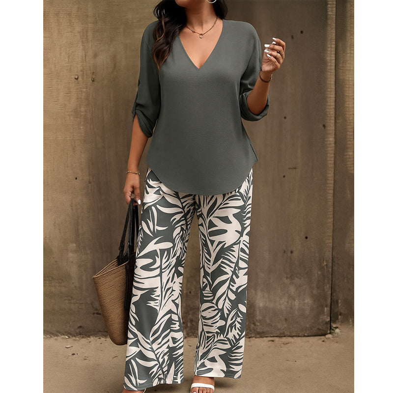 🥳 2026 MEGA-UITVERKOOP: 50% KORTING! 🥳 💞Dames set: blouse met V-hals en bedrukte broek met wijde pijpen