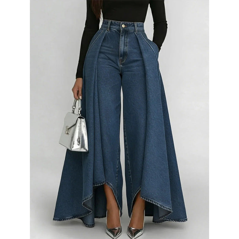 🔥Superaanbieding: 50% KORTING🔥Damesjeans met hoge taille, wijde pijpen en een asymmetrische zoom