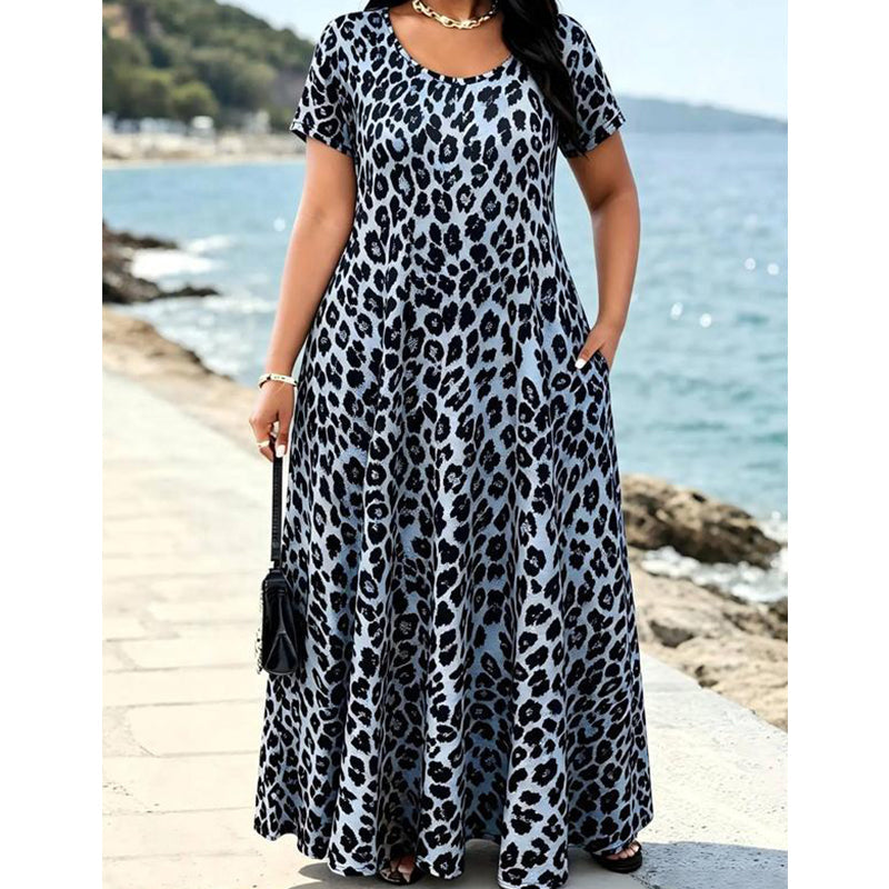 ๐ 50% KORTING! ๐ Damesmaxi-jurk met luipaardprint en zakken, casual lange jurk met korte mouwen โ Comfortabel