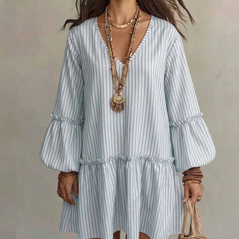 🌸 Nieuwe Collectie 👗 Dames Gestreepte V-hals Jurk – Wijde mouwen, losse pasvorm & ultiem comfort ✨