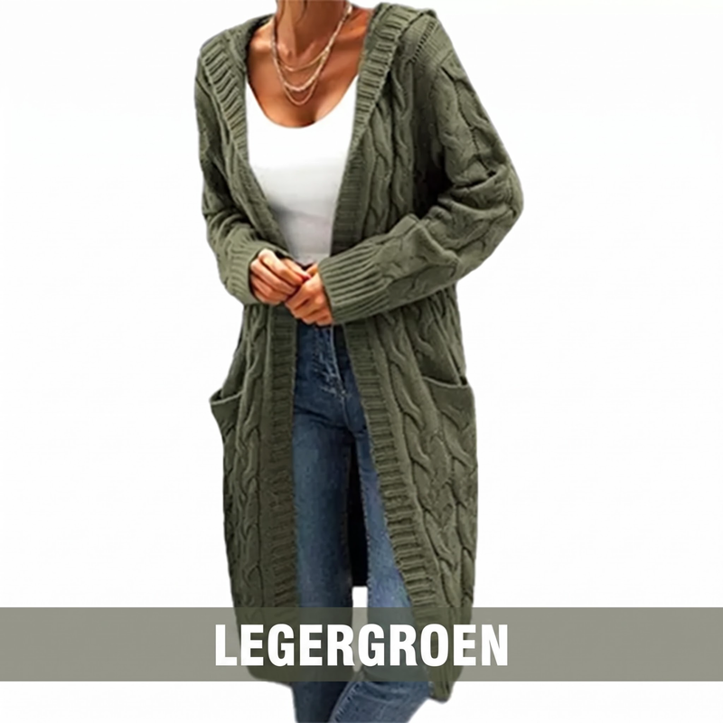 Lange gebreide dameshoodievest met zakken