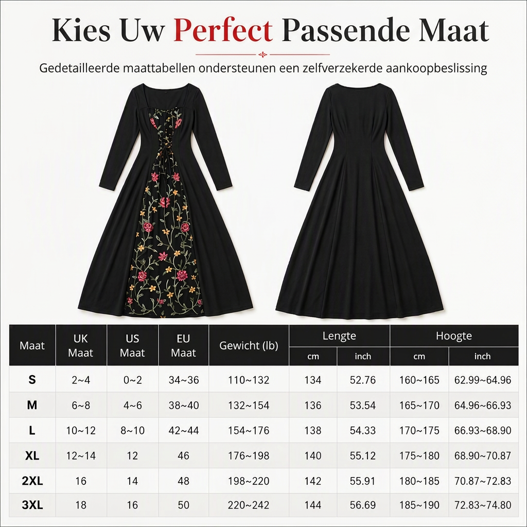 🔥Gratis verzending✈️🖤 Zwarte Dames Maxi-Jurk met Vierkante Hals – Lange Mouwen, Veter Korset Taille & Geborduurde Bloemen Mesh Details ✨