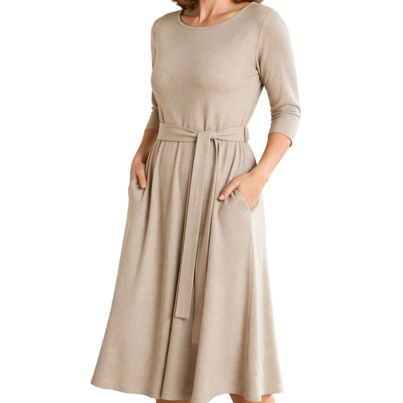 ๐ Exclusieve Deal โ Dames A-lijn midi-jurk van geribd breisel ๐ Ronde hals, 3/4 mouwen & comfortabele pasvorm met zakken โจ