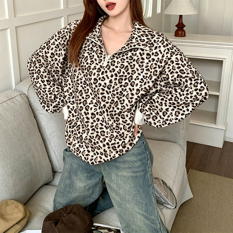 🔥Gratis verzending✈️Dames Sweater met Luipaardprint en Kwartrits – Comfortabel, Modieus & Makkelijk te Combineren