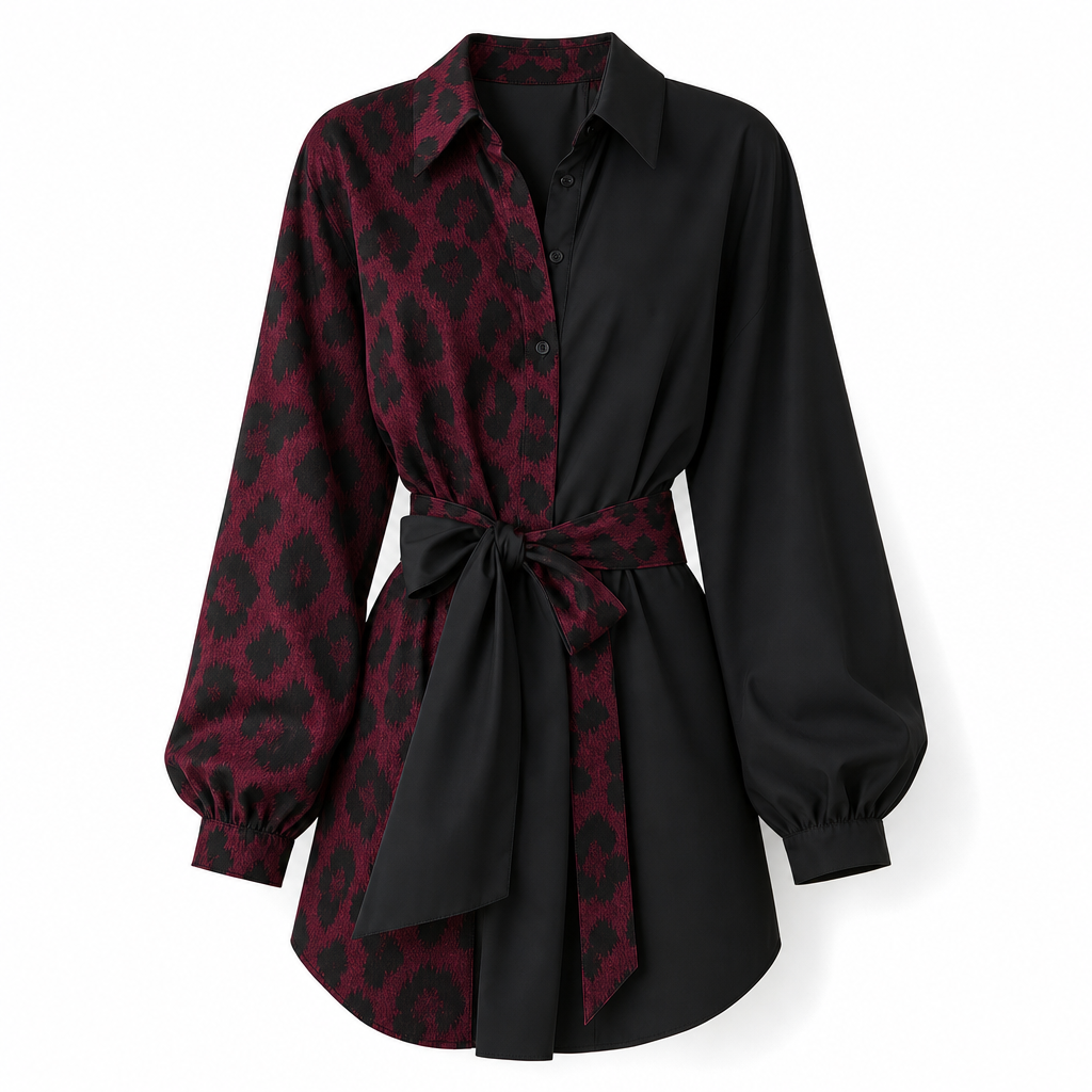 ๐ Nieuwe Collectie โจ Dames Blouse-Mini Jurk โ Luipaardprint met Contrast Patchwork, Lange Mouwen & Bijpassende Riem