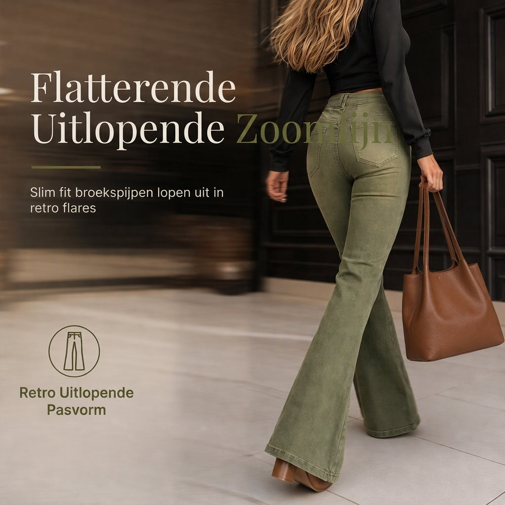 š„Gratis verzendingāļøDames olijfgroene hoog getailleerde flared jeans met meerdere knopen en verticale naden aan de voorzijde