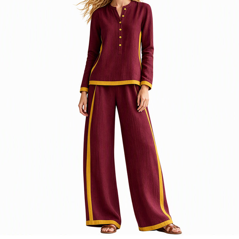 š„Gratis verzendingāļøDames Colorblock 2-Delige Set met Lange Mouwen Top & Wijde Pantalon ā Trendy Design en Comfortabele Pasvorm