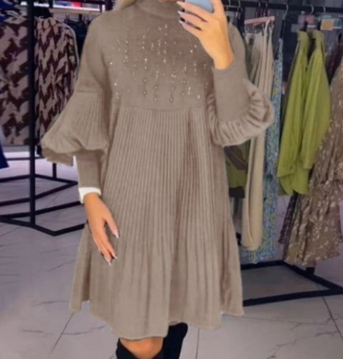 Dames Plus Size Lantaarn Mouw Opstaande Kraag Jurk