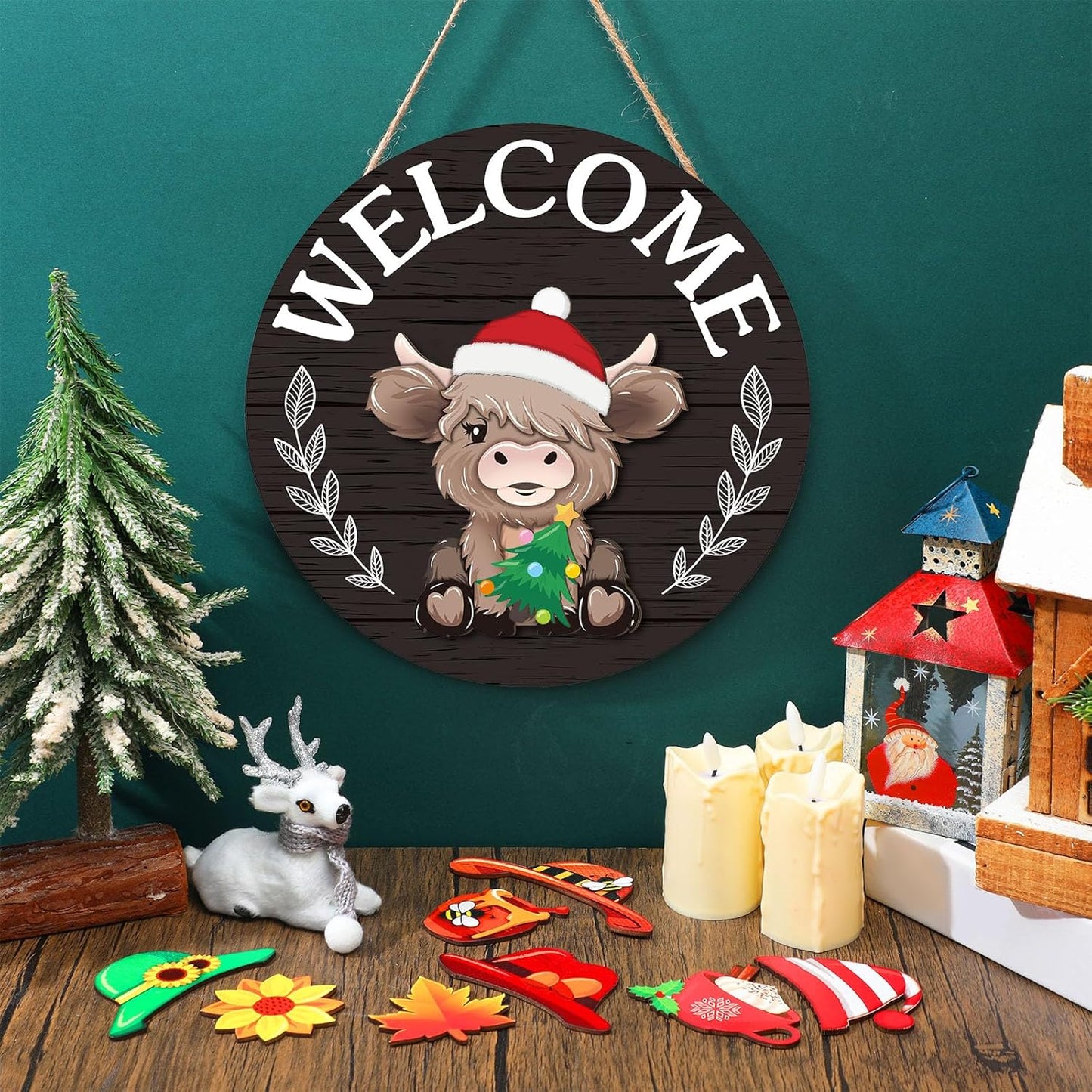 🐇 Paasuitverkoop: 50% korting!!💥 Highland Cow-bord Verwisselbaar welkomstbord met magneten Afneembare hoeden Schattige koeien om op te hangen
