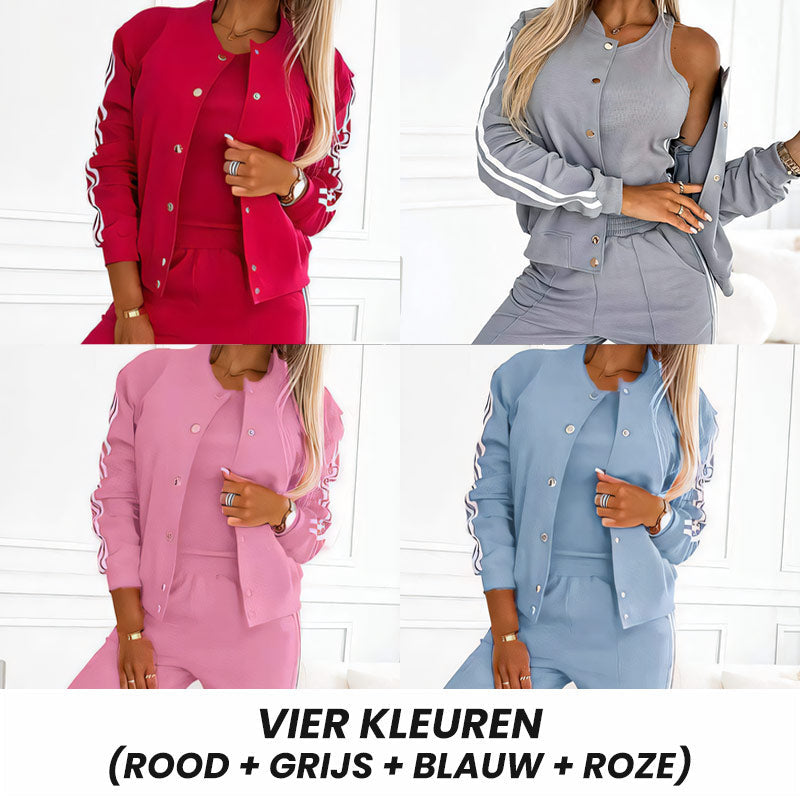🔥 Nieuw Binnen – 50% KORTING! ✨ Dames 3-Delige Set met Baseballjack & Broek 👗 Trendy, Comfortabel & Complete Look