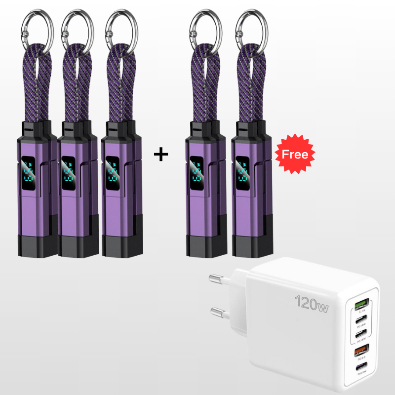 🔋4-in-1 Sleutelhanger Laadkabel met Display – Draagbare Snellaadkabel tot 65W met Live Wattage Monitor