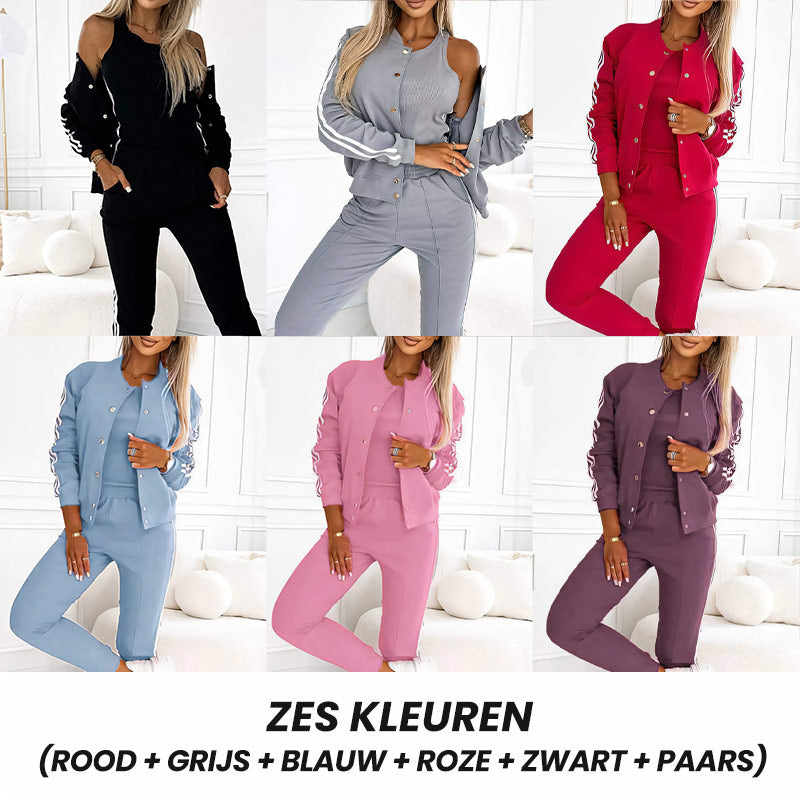 🔥 Nieuw Binnen – 50% KORTING! ✨ Dames 3-Delige Set met Baseballjack & Broek 👗 Trendy, Comfortabel & Complete Look