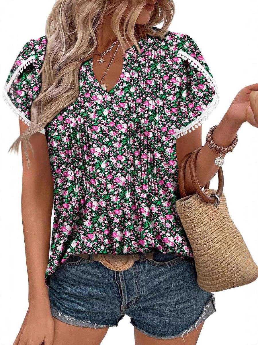 🌷Zomer Hot Sale 50% Uit🍃💖Schattige Franje Manchet Korte Mouwen Gedrukte Tops van Vrouwen