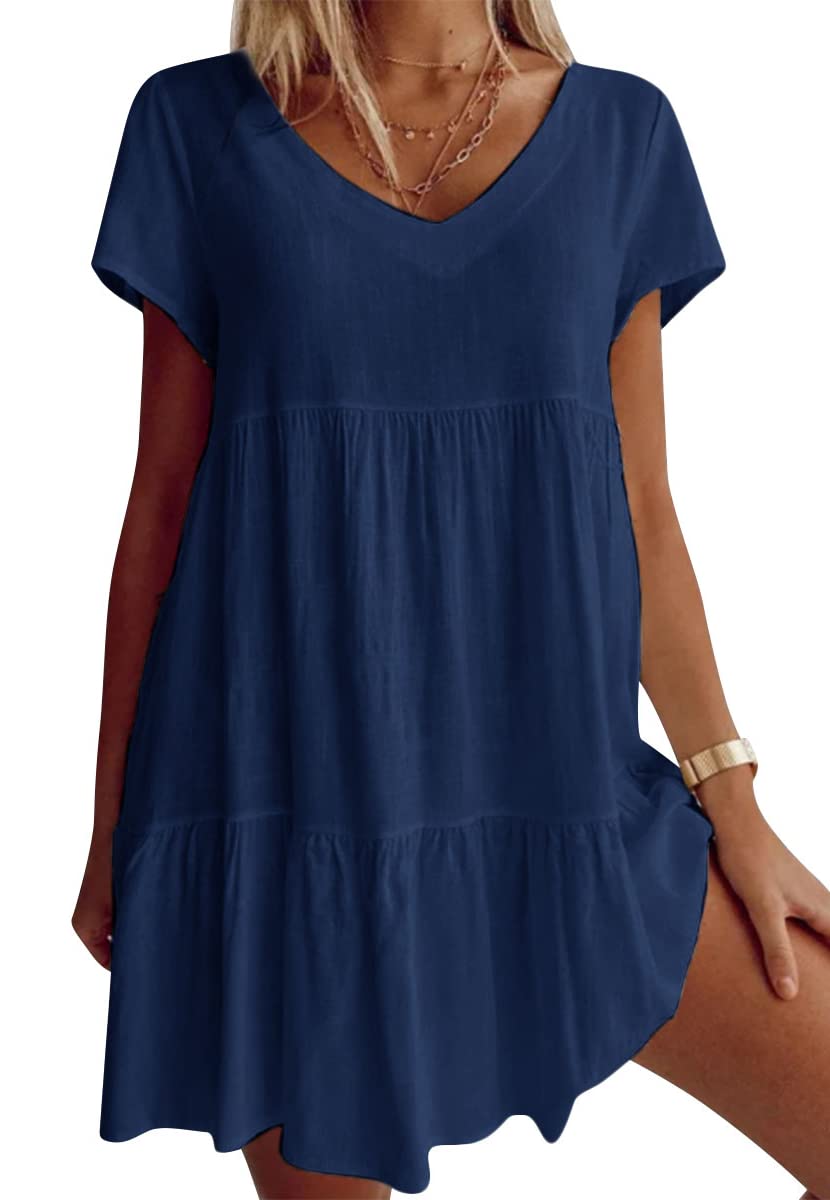 💝Grote maten katoenmix V-hals Casual geweven jurk met korte mouwen