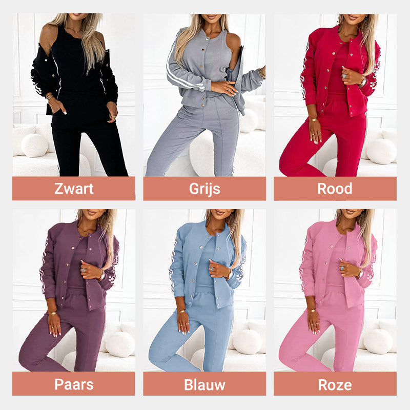 🔥 Nieuw Binnen – 50% KORTING! ✨ Dames 3-Delige Set met Baseballjack & Broek 👗 Trendy, Comfortabel & Complete Look