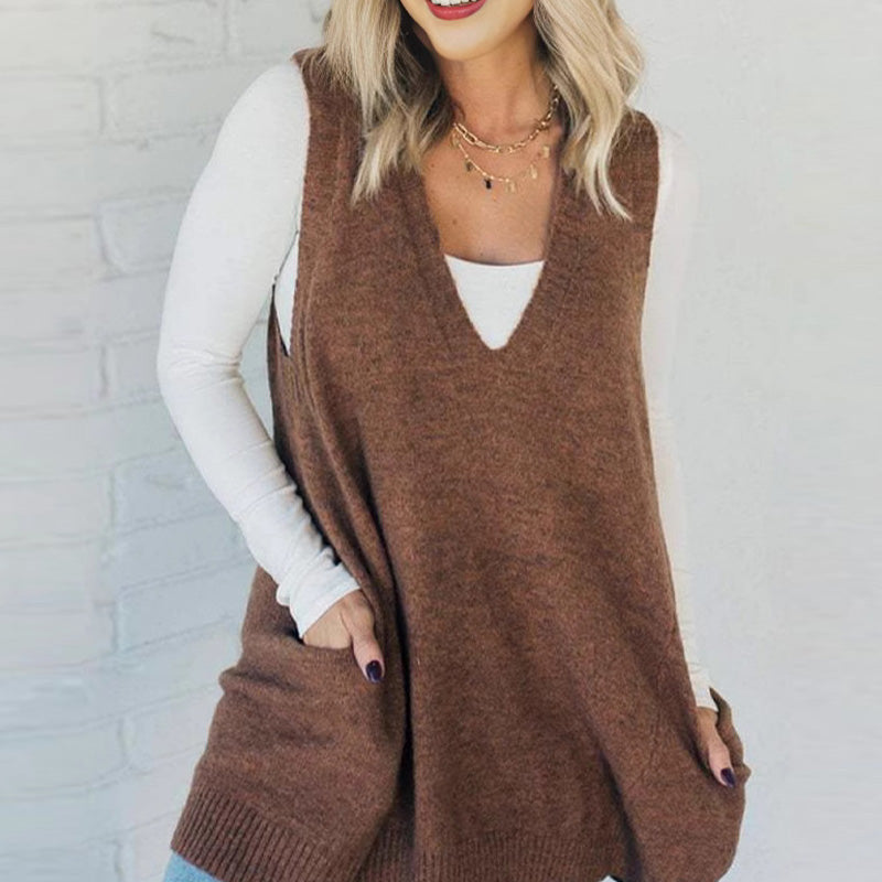 😍🔥Herfst-/winteruitverkoop❄️Losvallend damesvest met V-hals en zakken