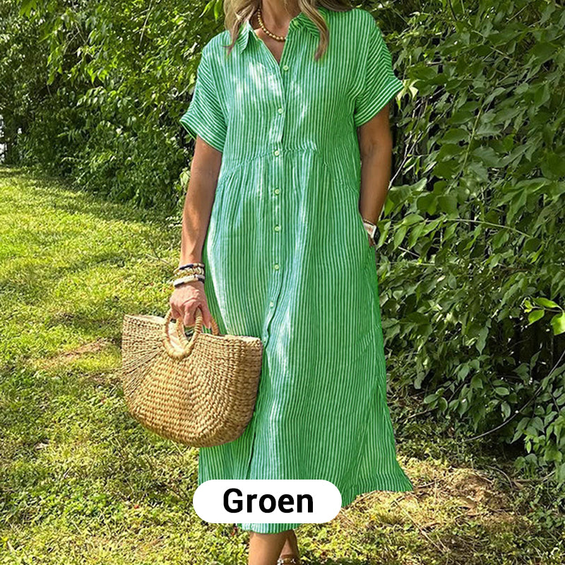 🛍️Nieuwe exclusieve zomerkleding👗Gestreepte revers-overhemdjurk met knopen | Met functionele zakken