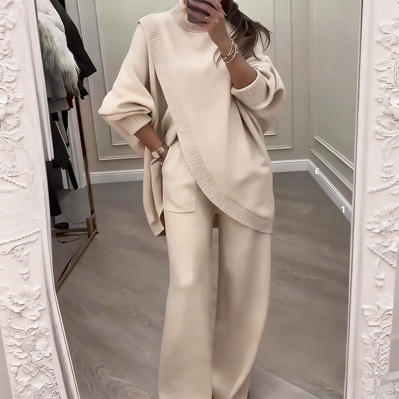 🔥Gratis verzending✈️Tweedelige set voor dames – Asymmetrische trui + broek met wijde pijpen, relaxte pasvorm en zachte stof, uiterst comfortabel 👚✨