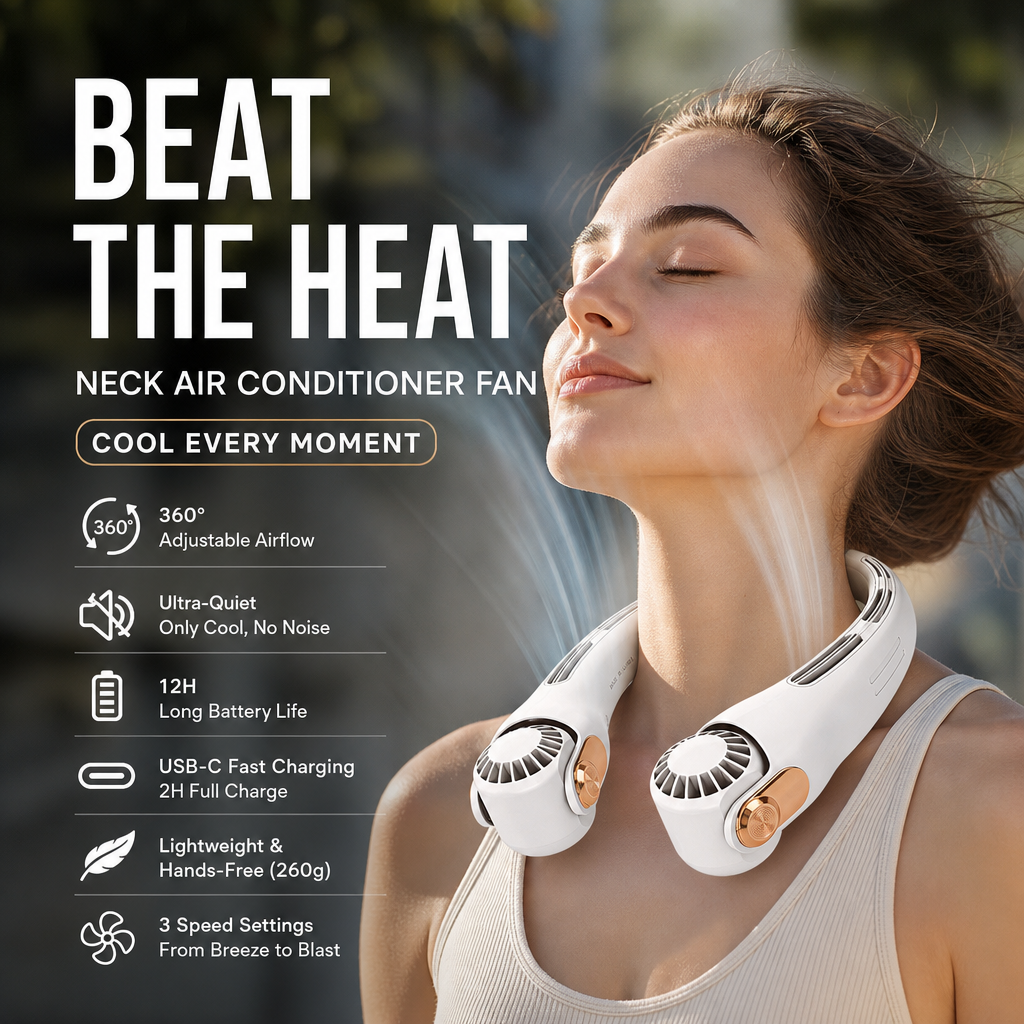 🌀 TIJDELIJKE AANBIEDING: 50% KORTING! 💥 360° draaibare nekventilator – ultrastil, 3 snelheden, handsfree, lange batterijduur ✨