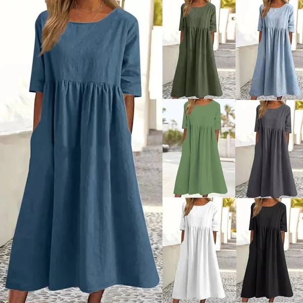 🔥Hete zomer uitverkoop🔥Katoenen jurk met ronde hals en zak - Koop 2 gratis verzending