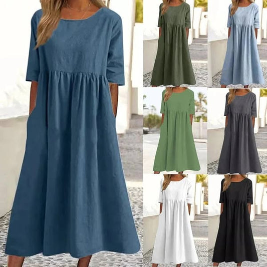 🔥Hete zomer uitverkoop🔥Katoenen jurk met ronde hals en zak - Koop 2 gratis verzending
